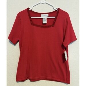 Sag Harbor Petite Large Red Knit Top Beaded Square Neck Short‎ Sleeve Blouse